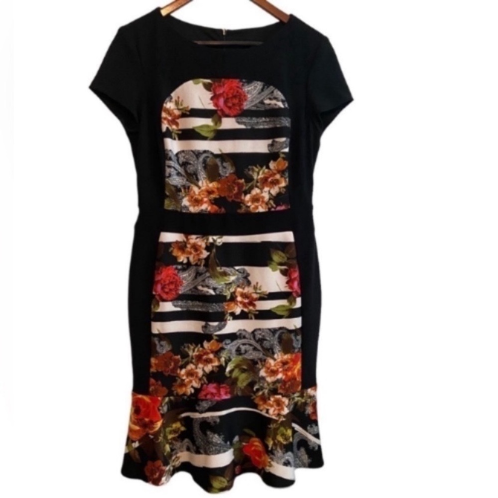 Joseph Ribkoff black floral dress with cap sleeves. Size 10